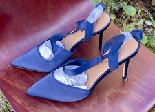  Navy Blue Satin Size 8 Wide Fit Stiletto Heel Occasion Party Shoes Unworn