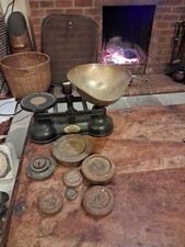 VINTAGE SALTER TRADITIONAL CAST METAL & BRASS KITCHEN BALANCE SCALES & WEIGHTS