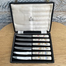 Vintage GARRARD Porcelain Handle Floral Design Cased Set of 6 Butter Knives
