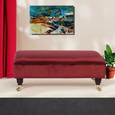 Burgundy plush velvet footstool coffee table with mahogany castor wood Legs