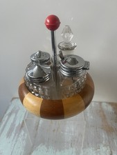 vintage glass condiment set With Wooden Turned Base Complete