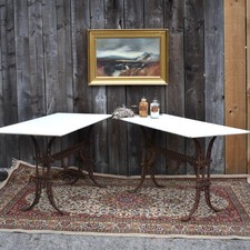 Antique White Rolled Edge Marble Topped Cast Iron Console Garden Tables Pair