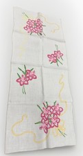 VTG MCM Dresser Table Runner White W/ Embroidered Pink Flowers 36” X 15” Towel