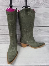 Gucinari Khaki Green Cut Out Leather Cowboy Boots Block Heel. Size 5.PAC