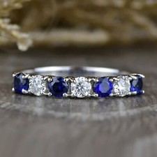 Round Blue Sapphire Diamond Eternity Engagement Band Ring 14k White Gold Finish