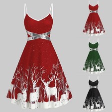 Womens Christmas Strappy Cami Midi Dress Mrs Claus A Line Party Xmas Elk Costume