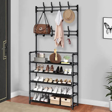 Free Standing 5 Tier Shelf Shoe Coat Hat Rack Jacket Hanger 8 Hooks Pegs Hallway