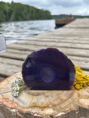 Purple agate geode with cut - agate,