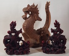 Three  Vintage Chinese Figures of Dragons 1 x Hand Carved Wood, 2 Resin signed