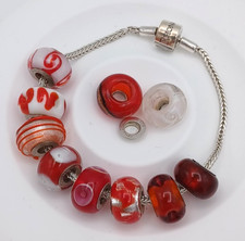 Rhona Sutton European charm bracelet red glass beads - damaged silver 925