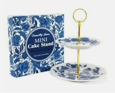 Willow Pattern 2 Tier Cake Stand Gold Handle –Boxed blue  Afternoon Tea Plate