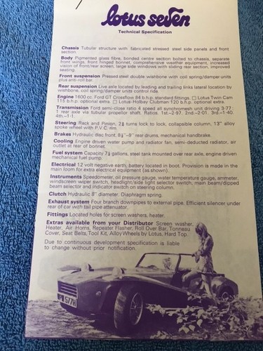 Lotus seven brochure - lotus, brochure,1970s