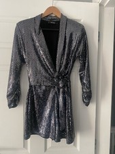 ZARA Silver Black Sequin Sparkly Collared Blazer Style Tie Jumpsuit - Size S