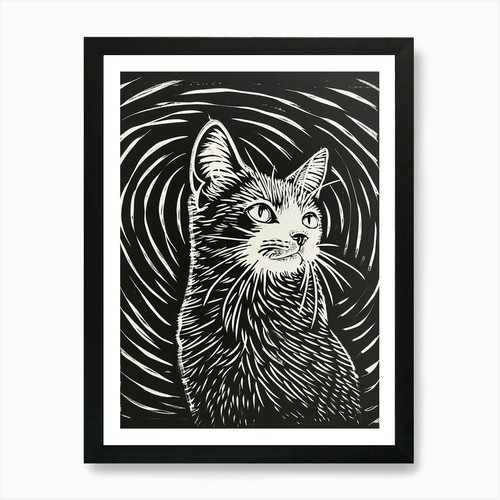 Manx cat linocut blockprint - linocut, 3