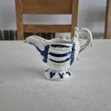 Unusual Small Early Pearlware Moulded Blue And White Pottery Dolphin Jug