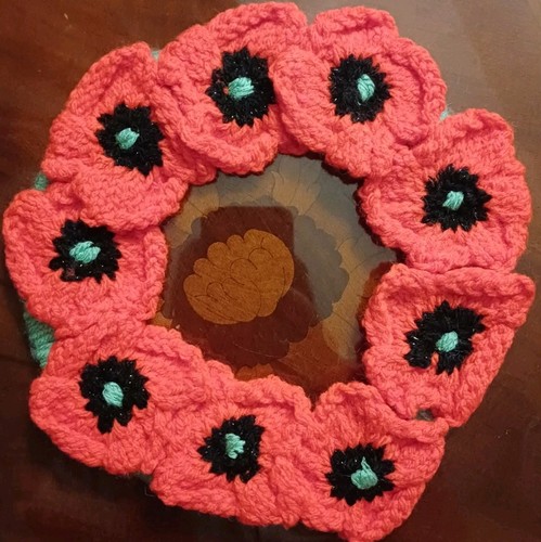 Hand knitted poppy wreath - knitted, (