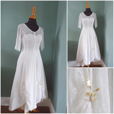 Vintage Wedding Dress Gown 1950s White Lace Bride Tea Length Bridal Wax Blossom