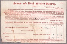 1885 LONDON & NORTH WEST RAILWAY HALF YEARLY DIVIDEND ON 4% STOCK DOCUMENT