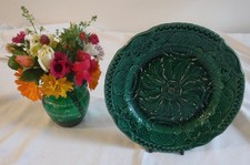 GREEN MAJOLICA VICTORIAN PLATE 21cm