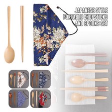 Chinese Portable Chopsticks Wooden Tableware Picnic Travel Spoon Set Cloth Bag