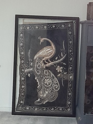 Framed metal glass peacock - metal, &