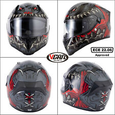 VCAN H128 FULL FACE MOTORCYCLE HELMET DUAL VISOR SUN VISOR SKULL TITAN GREY RED