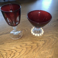Pair Vintage Cranberry Glasses coupe + Cristal D'Arques-Durand Cathedral Glass