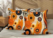 SET OF 2 PRINTED RETRO BOHEMIAN PLUSH ABSTRACT ORANGE BLACK SWIRL CUSHION COVERS