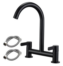 Schsin Kitchen Sink Mixer Tap, 2 Hole Kitchen Bridge Mixer 360° Swivel Black 
