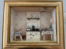 vintage miniature kitchen diorama With Aga style oven shadow box framed