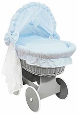 Grey Wicker Wheels Crib/baby Moses Basket + Complete Bedding Blue/cotton