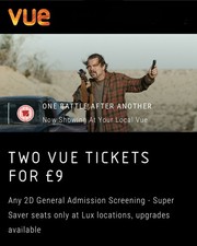 2 x VUE Cinema 2D Movie