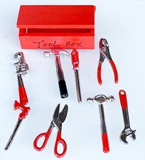Dolls House 8 Metal Tools With A Red Wooden Opening Tool Box 1:12 Scale tumdee