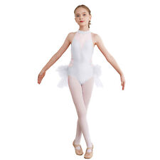 Girls Jazz Latin Feather Tulle Skirted Leotard Rhinestone Sleeveless Dancewear