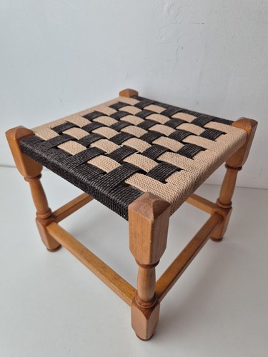 Vintage wooden stool woven - wooden,