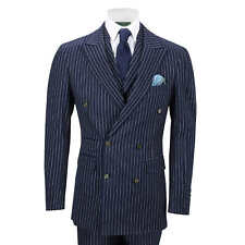 Mens 3 Piece Navy Suit Double Breasted Chalk Stripe Classic Vintage Tailored Fit