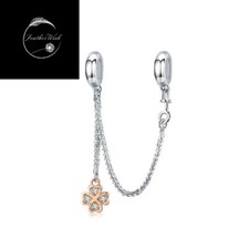 Sterling Silver 925 Charm Rose Gold Four Leaf Clover Shamrock Safety Chain Wife
