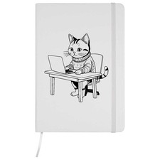 A5 'Cosy Cat on Laptop' White