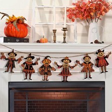 6pcs Vintage Halloween Bunting Wood Hanging Banner Party Horror Pumpkin Witch