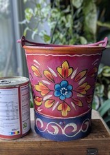 Indian Vintage Hand Painted Metal Bucket / Plant Pot / Planter - 19cm Tall