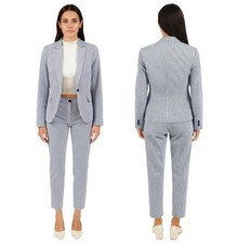 New Womans Ladies Suit Set Blazer Jacket Trouser Embossed Blue Seersucker Office