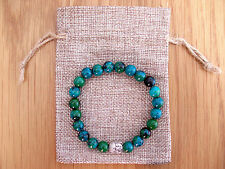 Silver Buddha Head, Azurite Chrysocolla Beaded Bracelet & Jute Gift Bag