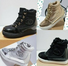 Girls Kids Ankle Trainers Low Wedge High Hi Top Shoes Sparkle Glitter Boots