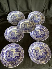 SET OF Seven VINTAGE Spode Blue ITALIAN Wavy Edge TEA PLATES Blue Oval Mark