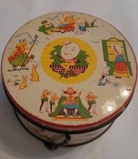 Fine Vintage A S Wilkin Cremona Novelty Nursery Rhyme Drum Toffee Tin & String