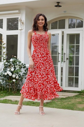 Summer red floral dress - -red, floral-