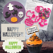 Happy Halloween Stencil, Cupcake Topper Sign & Halloween Icing Cutter Set Of 6