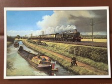 RAILWAY POSTCARD No. 29 FIRST OF THE DAY steam engine TRAIN & CANAL BOAT fishing