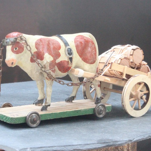 Antique wooden pull along cow - wooden,