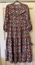 Zara Pink Red Black Floral Boho Peasant Ruffle Long Sleeve Midi Dress Size M
